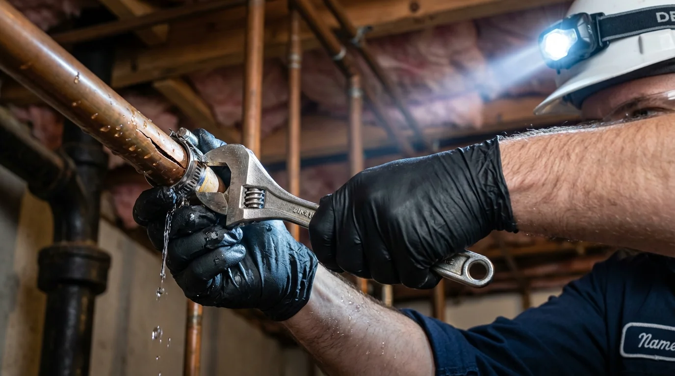 Emergency pipe clamp repair being performed by a Johns Plumbing LLC plumber in La Junta