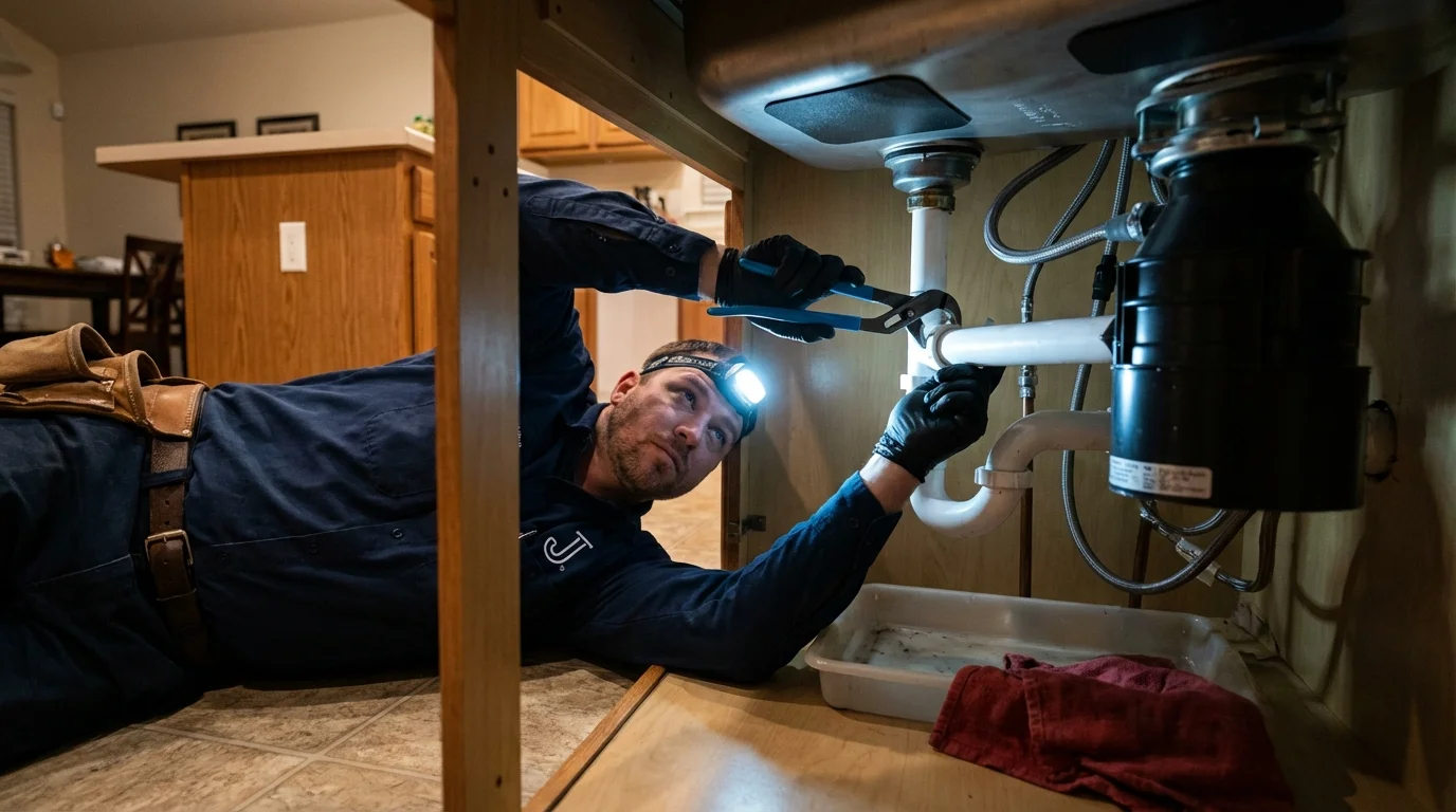 P-trap and supply line connections under a kitchen sink showing a common leak point in La Junta, CO